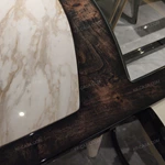 Marble-End Dining Table with Dark Glossy Center and Woven Leather-Wrapped Legs